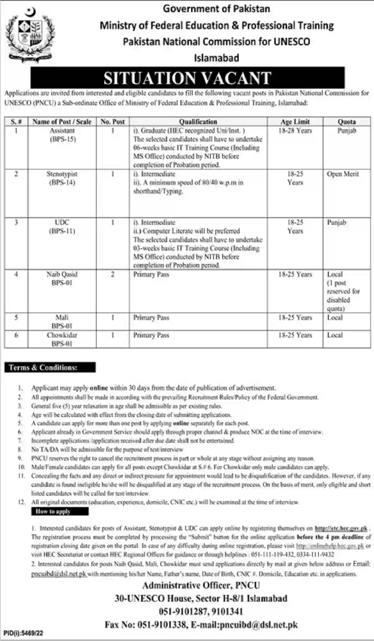Pakistan National Commission for UNESCO Jobs 2023 PNCU MOFEPT