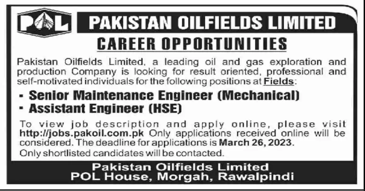 Pakistan Oilfields Limited POL Jobs 2023 for Senior Maintenance Engineer and Assistant Engineer HSE