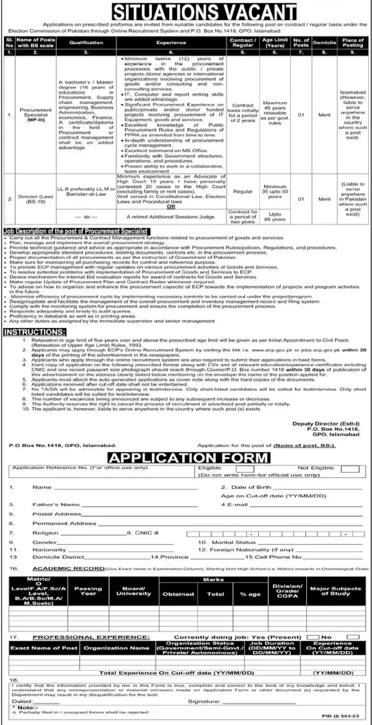 Election Commission of Pakistan ECP Jobs 2023 Procurement Specialist and Director