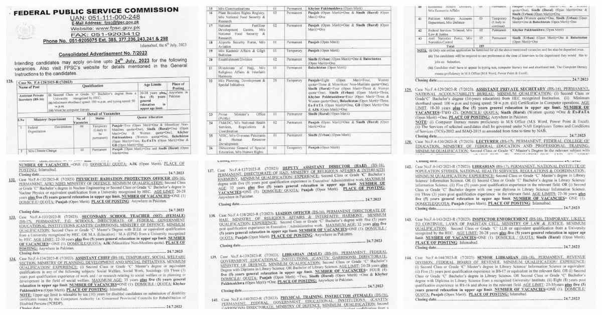 Featured Image FPSC Jobs 2023 Consolidated Advertisement No 7 2023 Apply Online
