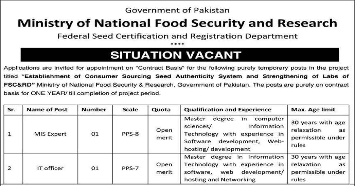 Featured Image Food Seed Certification and Registration Department Jobs 2023 Govt of Pakistan