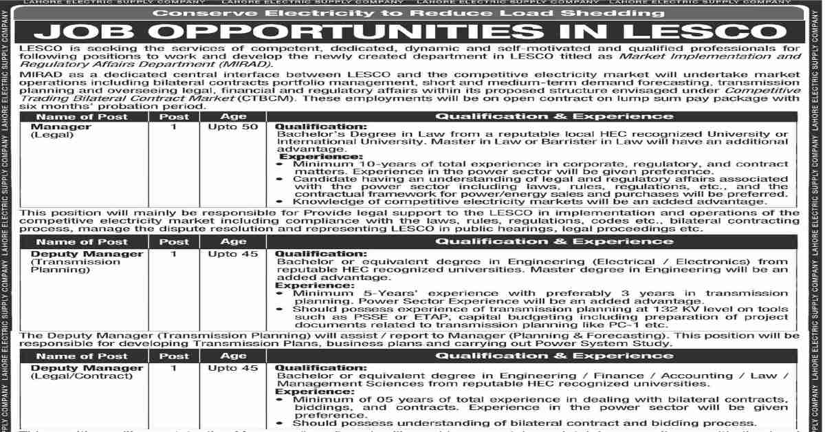 Featured Image Lahore Electric Supply Company LESCO Jobs 2023 www.lesco.gov.pk Apply Online