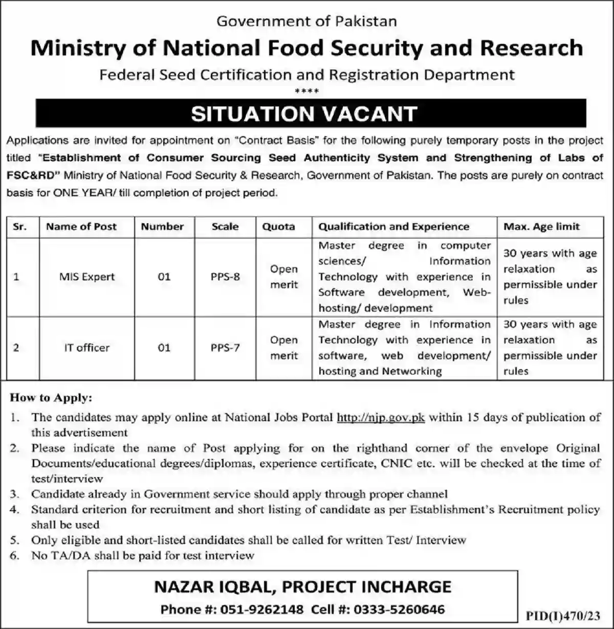 Food Seed Certification and Registration Department Jobs 2023 Govt of Pakistan