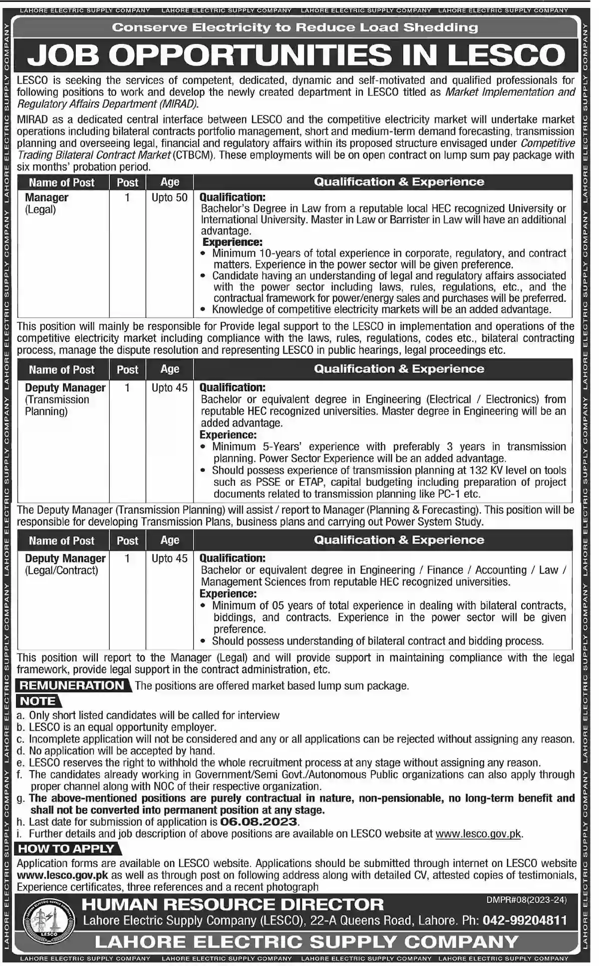 Lahore Electric Supply Company LESCO Jobs 2023 www.lesco.gov.pk Apply Online