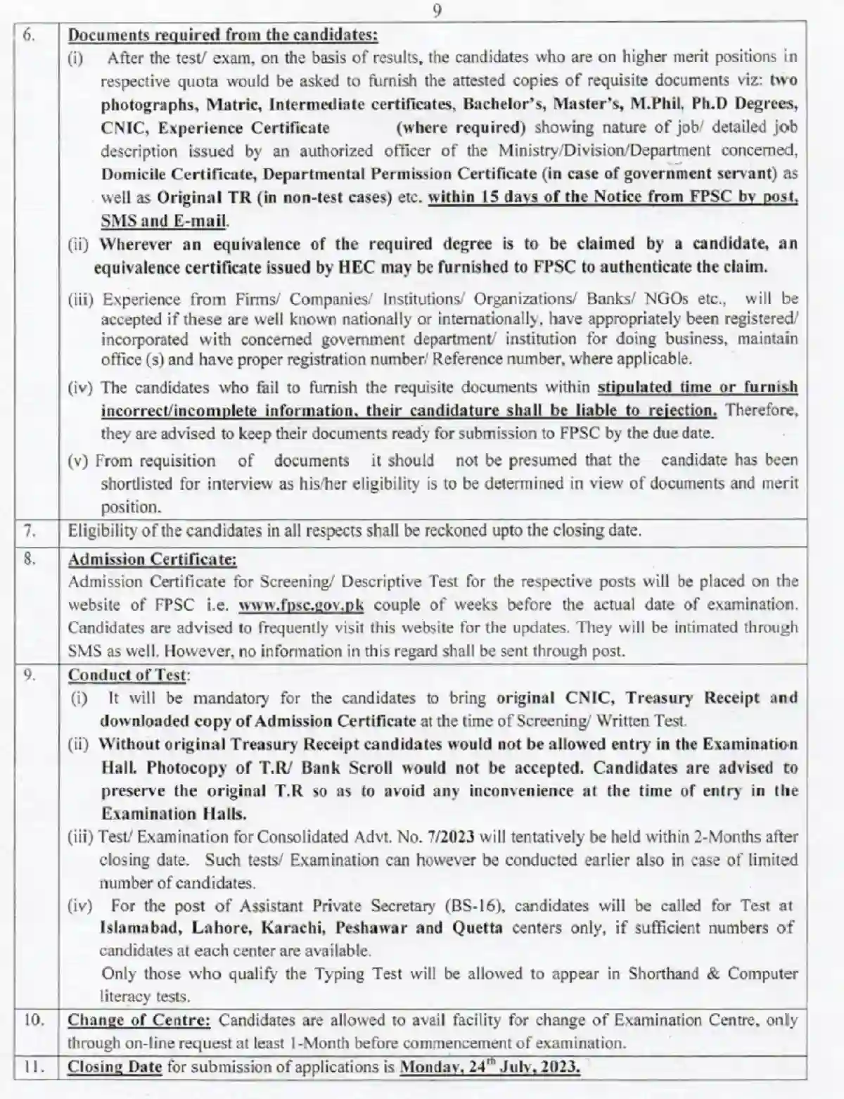 FPSC Jobs 2023 Consolidated Advertisement No 7/2023 Apply Online