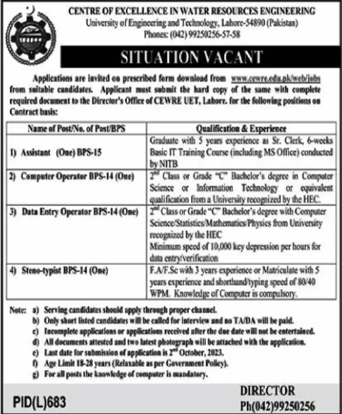 Centre of Excellence in Water Resources Engineering CEWRE Jobs 2023 UET Lahore