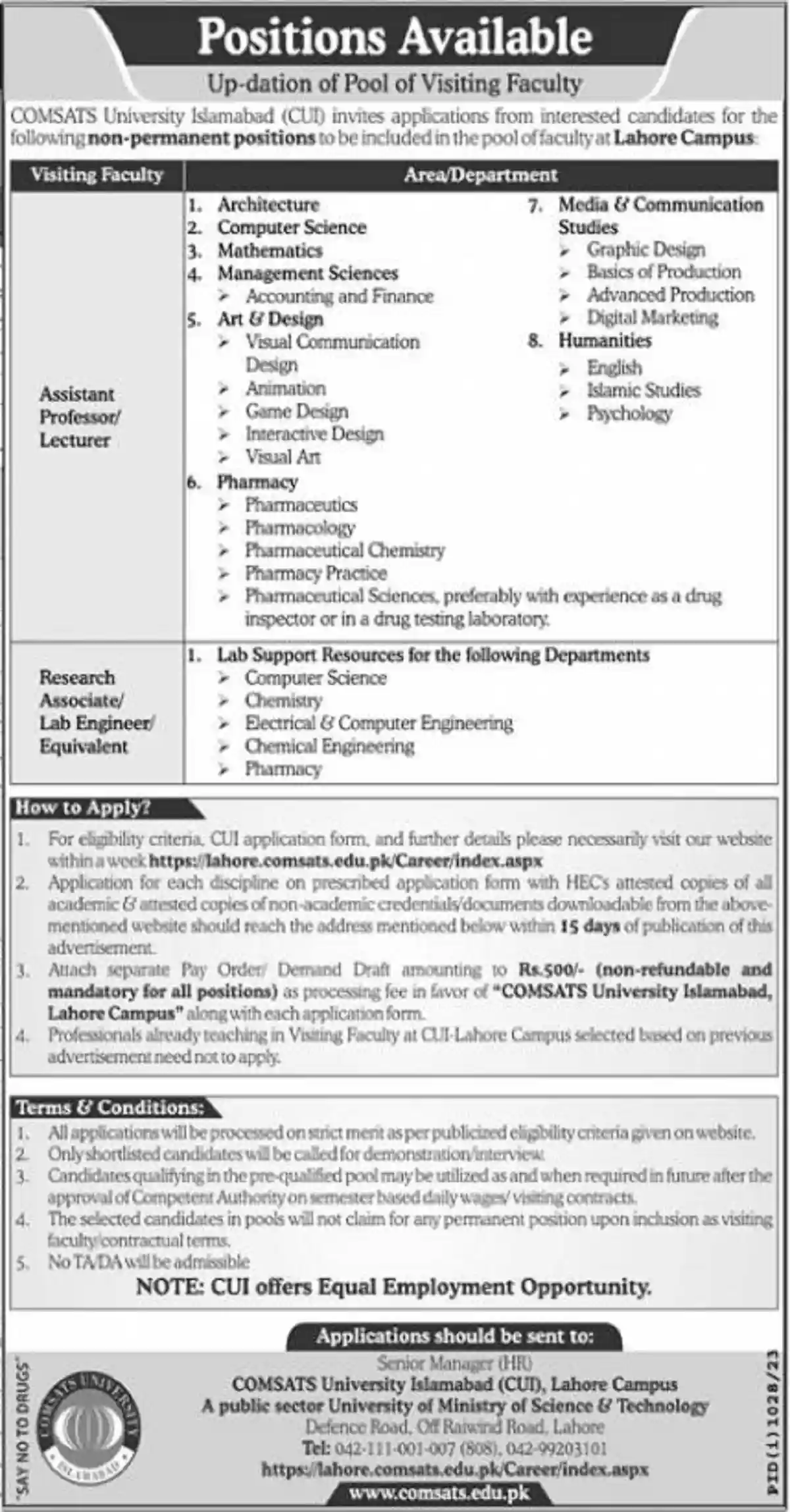 Comsats University Islamabad CUI Lahore Campus Visiting Faculty Jobs 2023