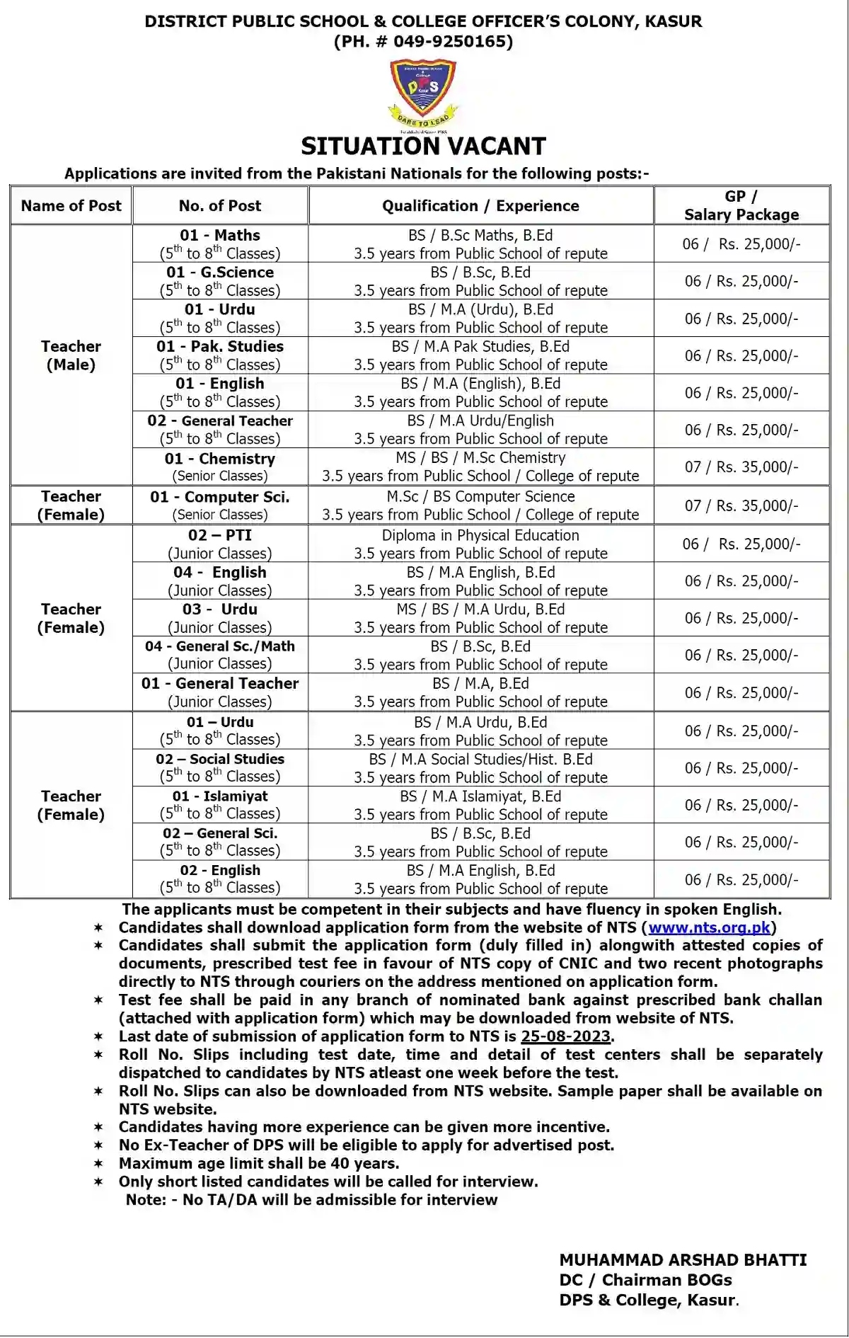 District Public School and College Officer's Kasur Teaching Jobs 2023 Apply Online NTS 1