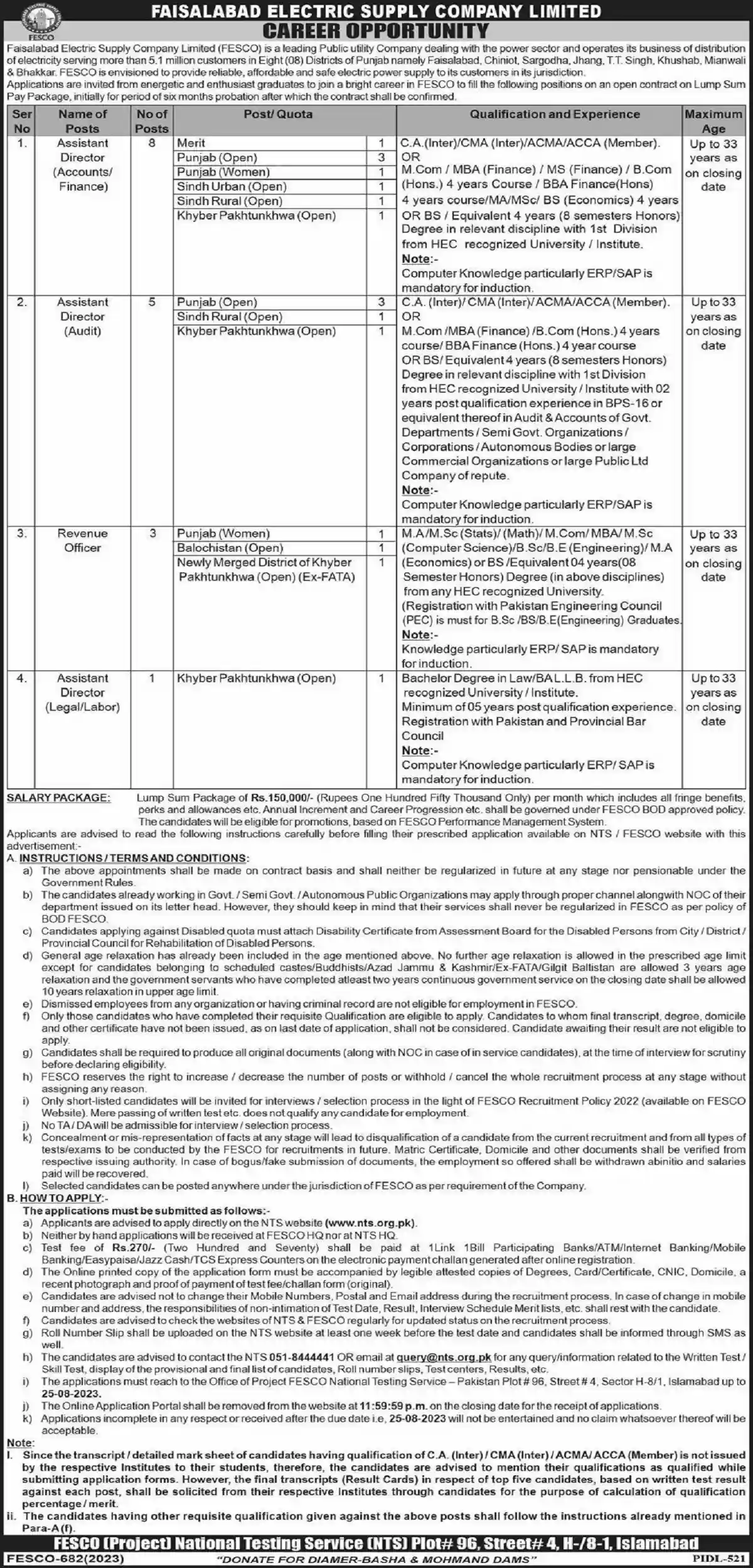 Faisalabad Electric Supply Company Limited FESCO Jobs 2023 Apply Online NTS