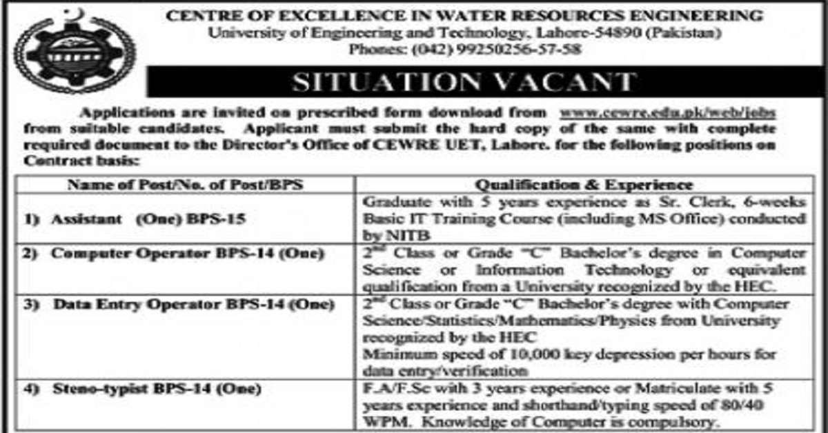 Featured Image Centre of Excellence in Water Resources Engineering CEWRE Jobs 2023 UET Lahore