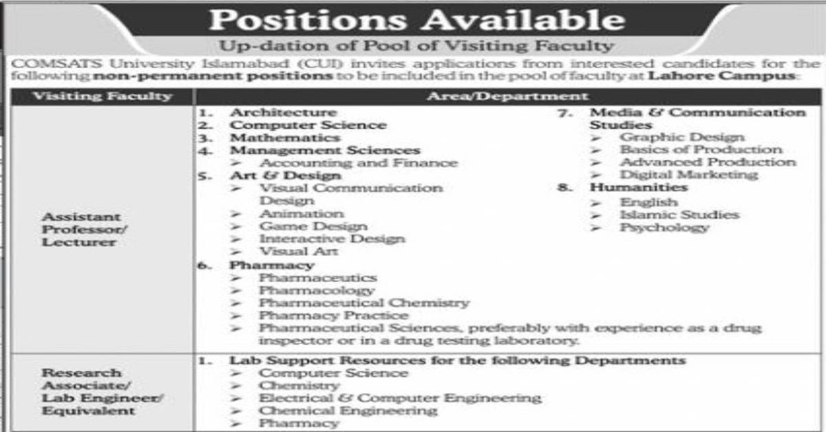 Featured Image Comsats University Islamabad CUI Lahore Campus Visiting Faculty Jobs 2023