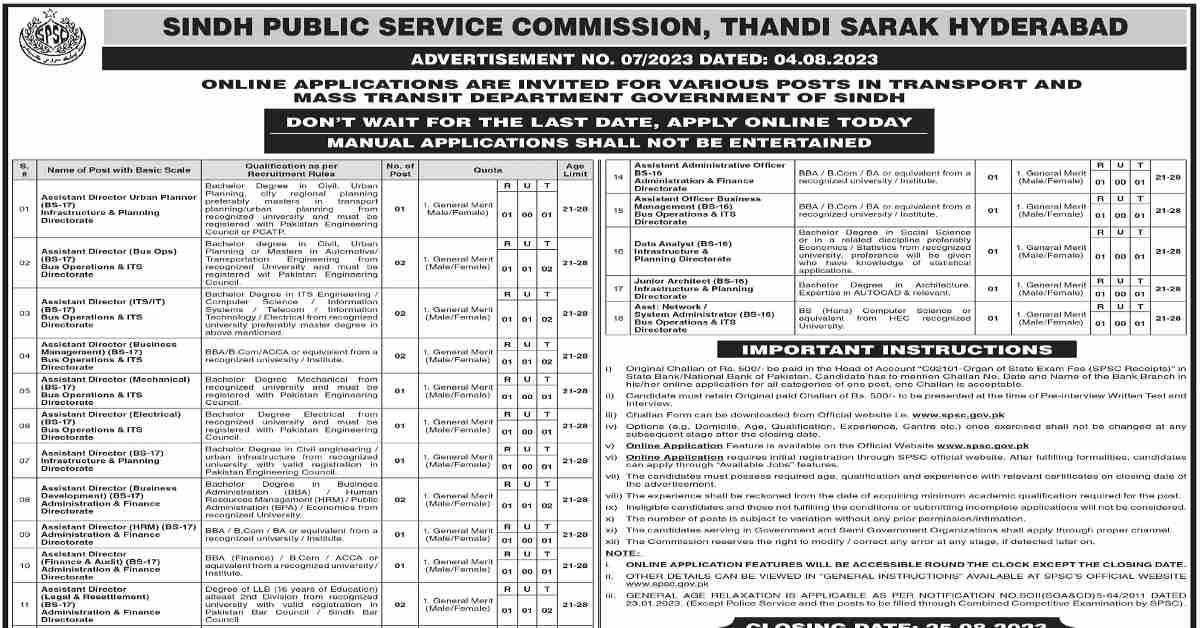 Featured Image Sindh Public Services Commission SPSC Jobs 2023 Advertisement No 7/2023