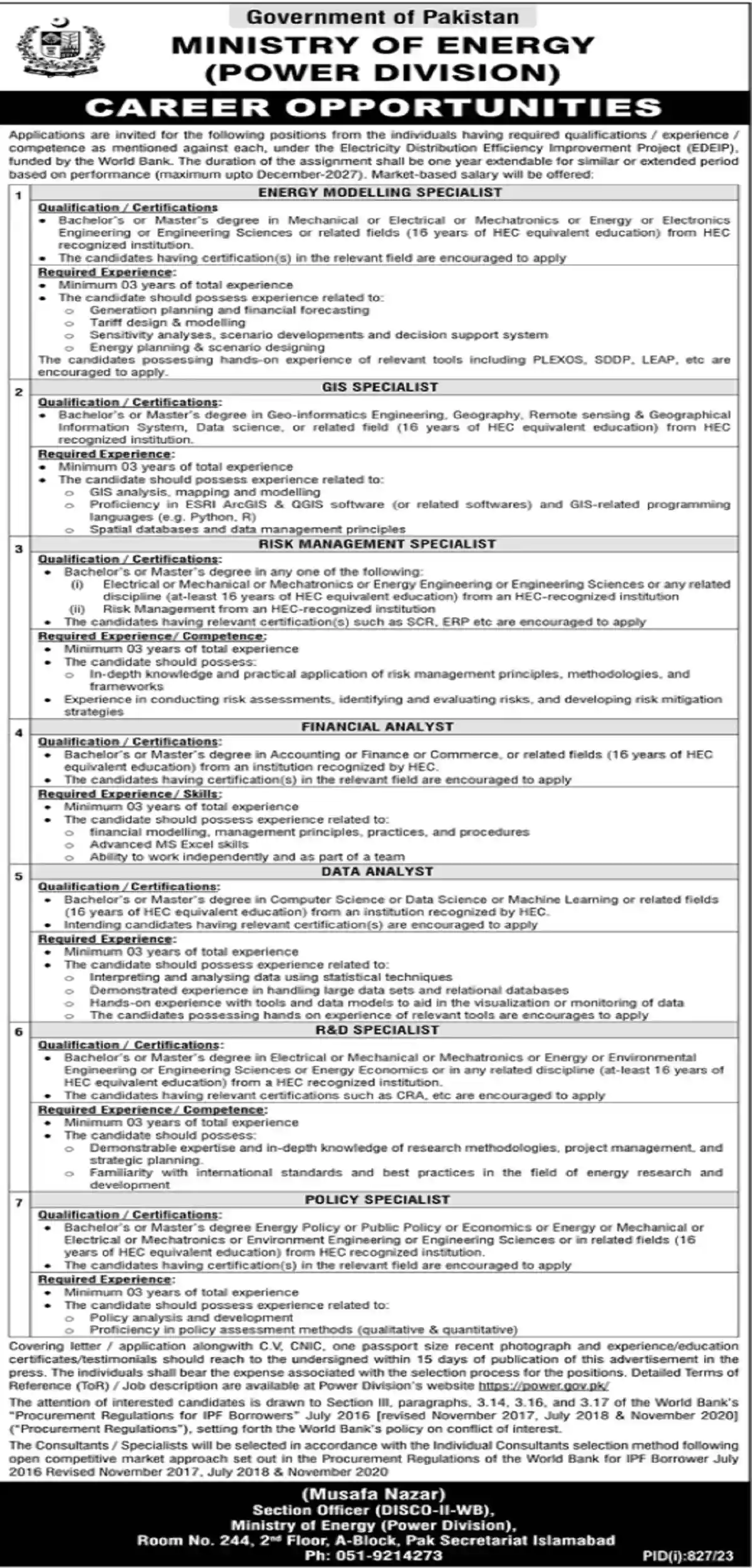 Ministry of Energy Power Division Government Jobs 2023 Islamabad Apply Now
