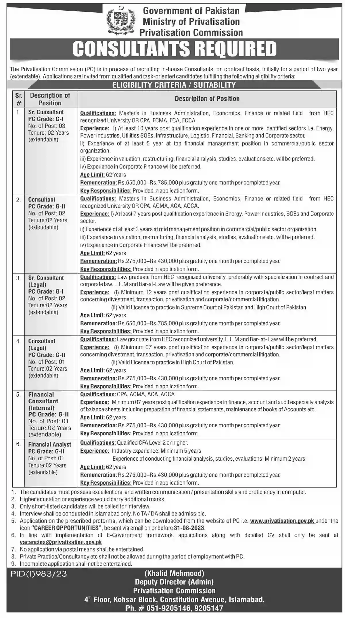 Ministry of Privatisation Jobs 2023 Privatisation Commission (PC) Consultants Required