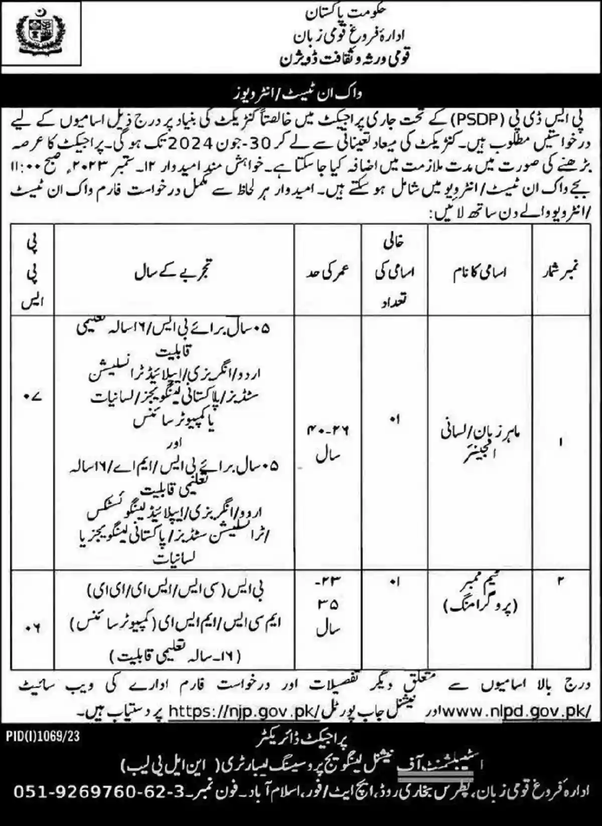 National Language Promotion Department NLPD Islamabad Jobs 2023
