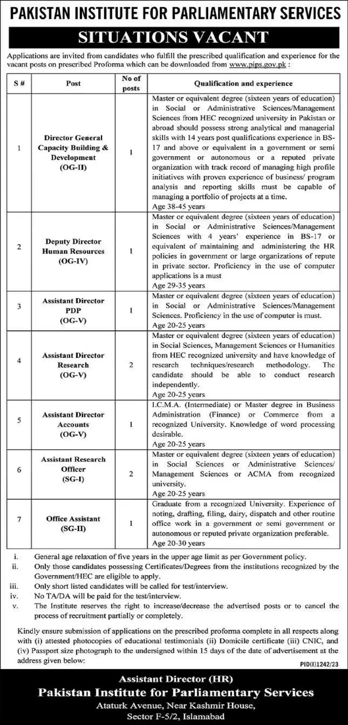 Pakistan Institute for Parliamentary Services PIPS Jobs 2023 www.pips.gov.pk