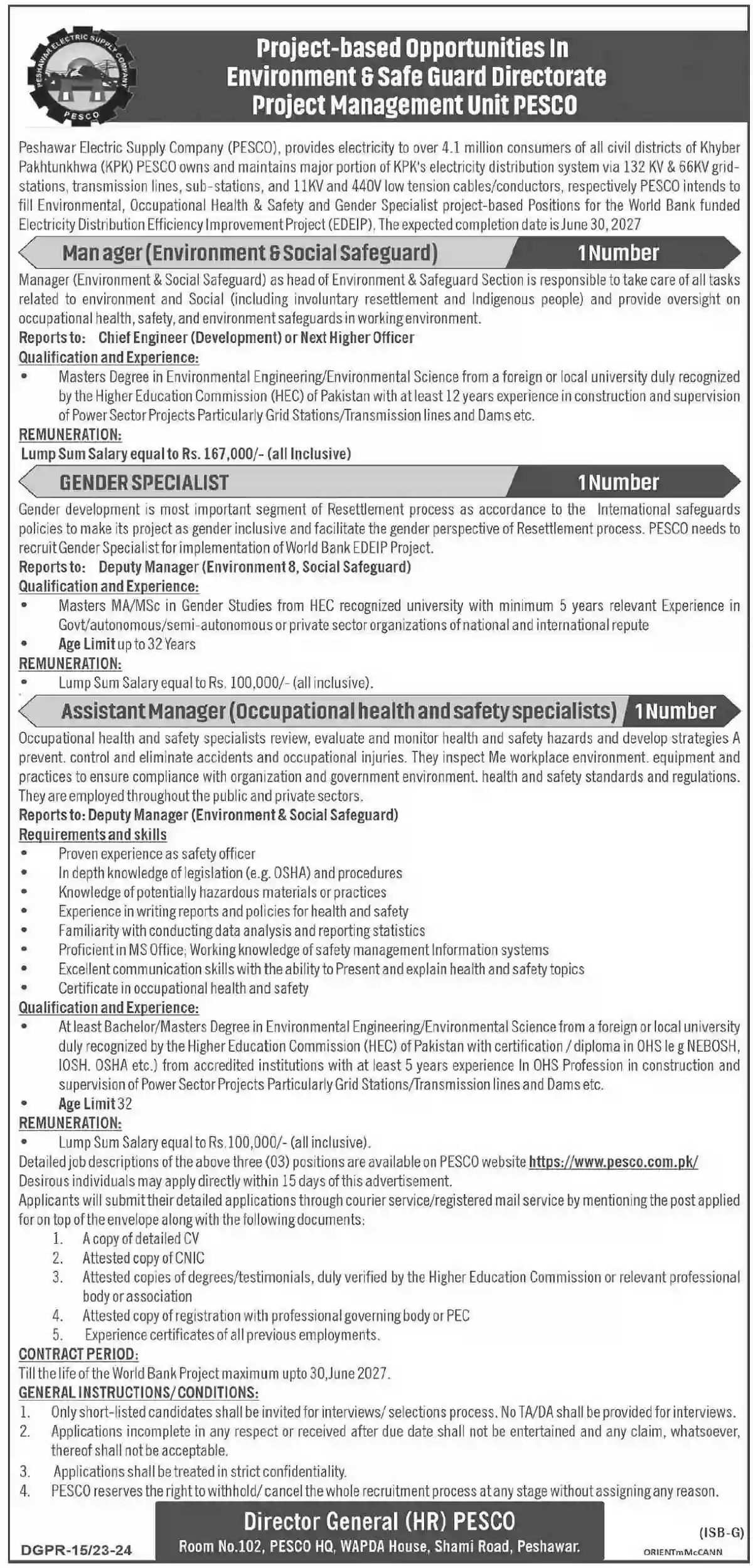 Peshawar Electric Supply Company PESCO Jobs 2023 Advertisement Latest