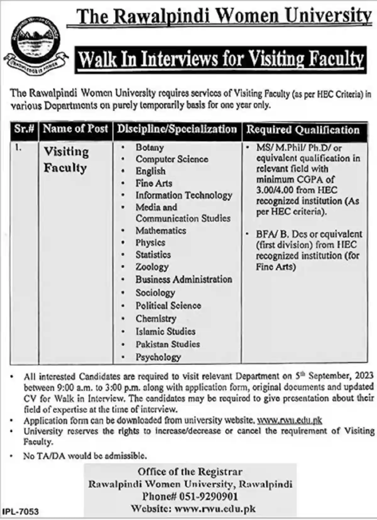 Rawalpindi Women University RWU Visiting Faculty Jobs 2023 Walk in Interviews