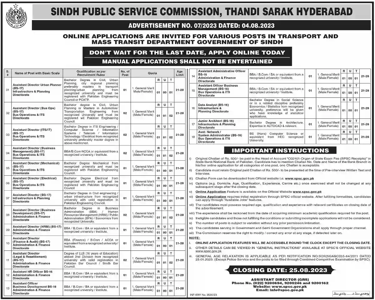 Sindh Public Services Commission SPSC Jobs 2023 Advertisement No 7/2023