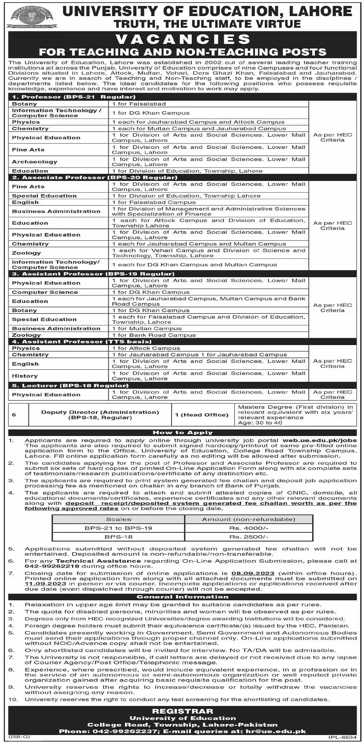 University of Education UE Lahore Teaching Jobs 2023 Advertisement Apply Online