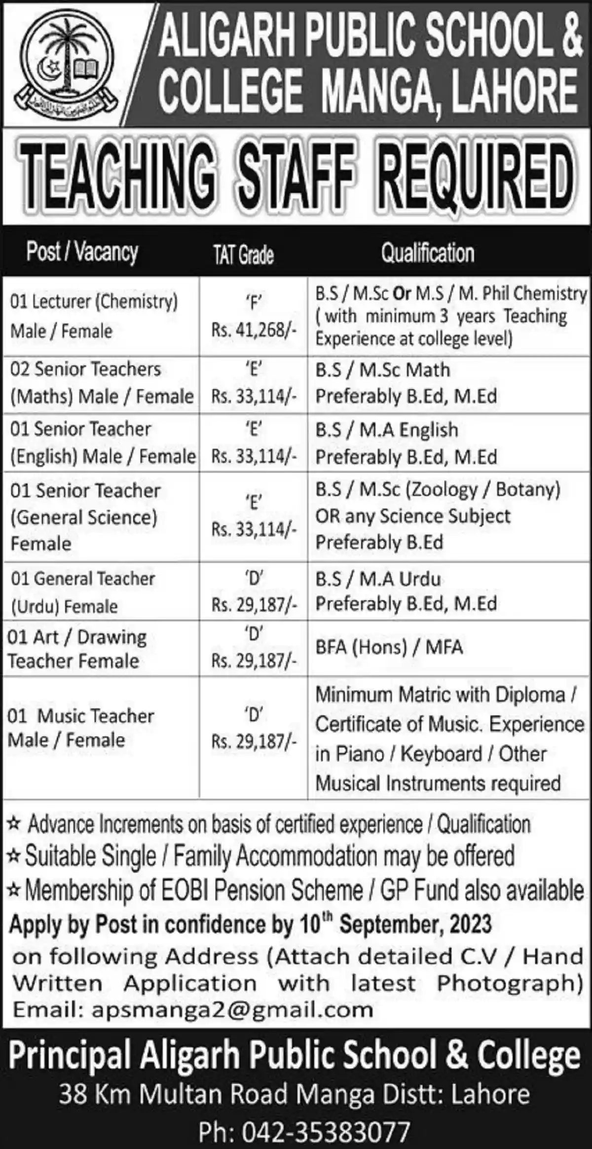 Aligarh Public School and College Teaching Jobs 2023 Manga Lahore