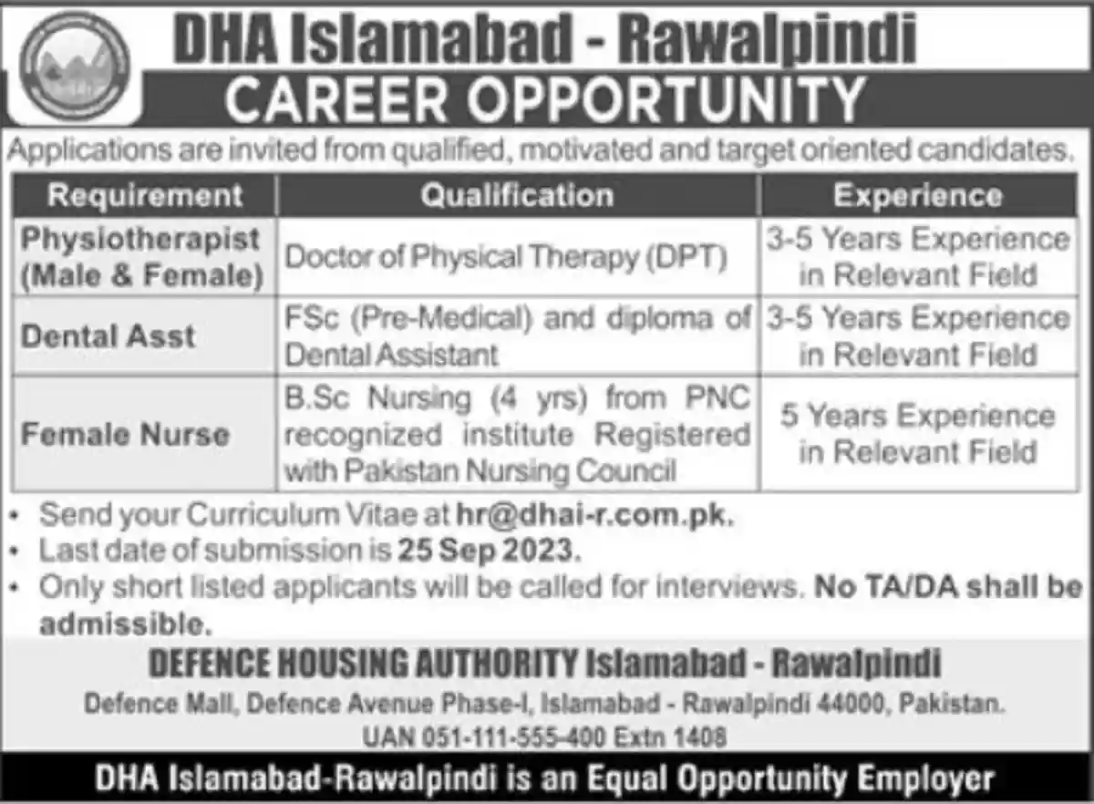 Defence Housing Authority DHA Rawalpindi Jobs 2023