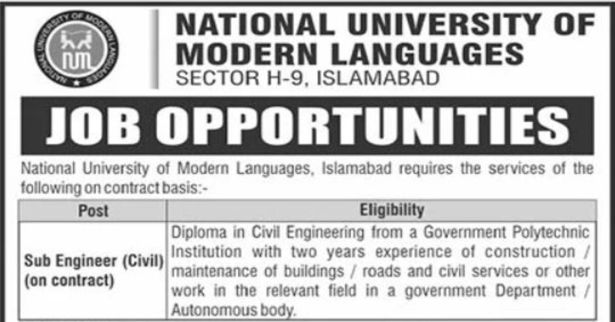 Featured Image National University of Modern Languages NUML Jobs 2023 Sub Engineer Civil