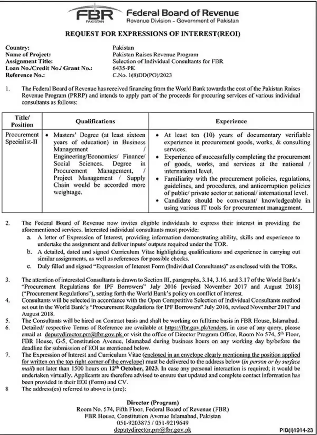 Federal Board of Revenue FBR Jobs 2023 Procurement Specialist EOI Federal Board of Revenue FBR Jobs 2023 Procurement Specialist EOI