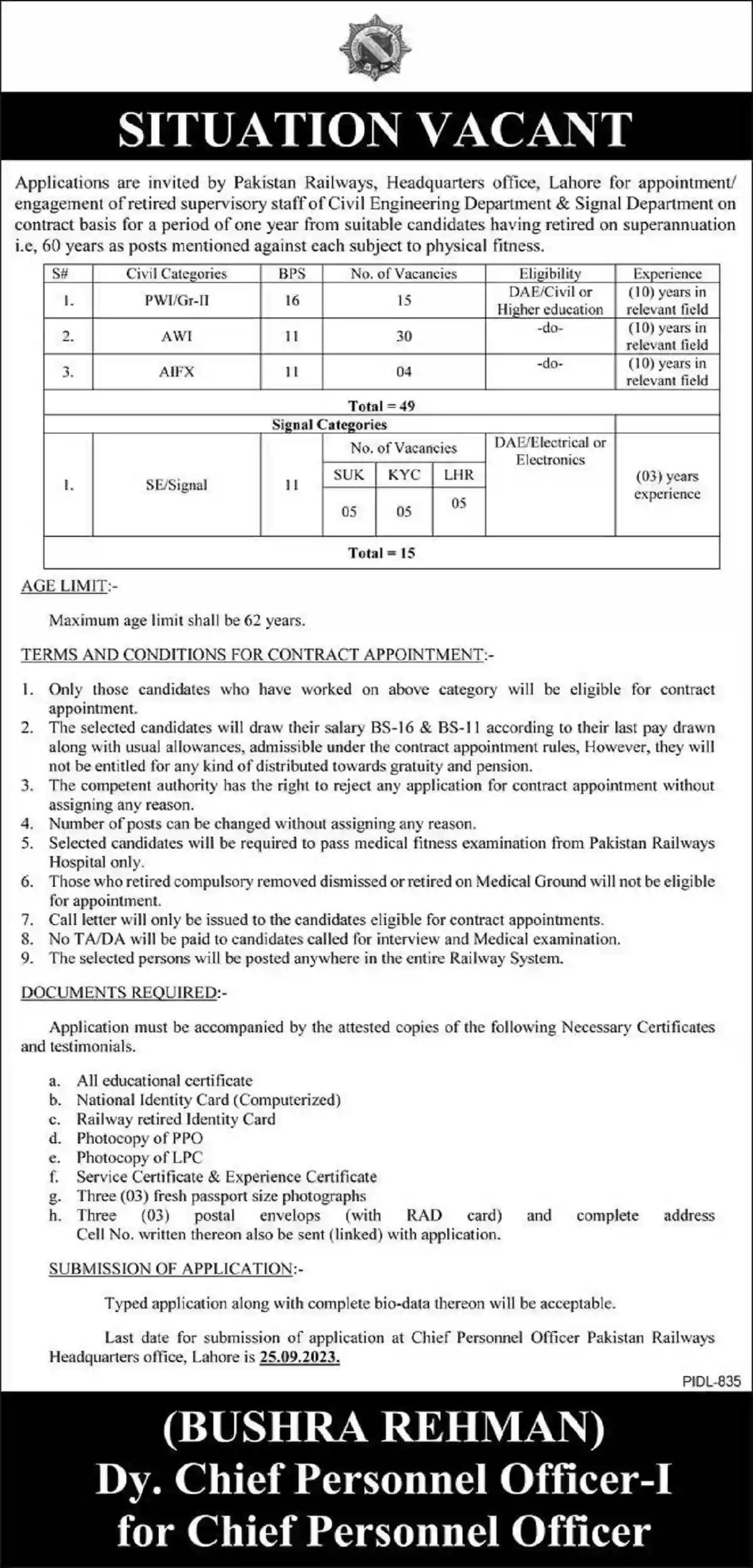 Pakistan Railways Jobs 2023 retired Supervisory staff DAE qualified