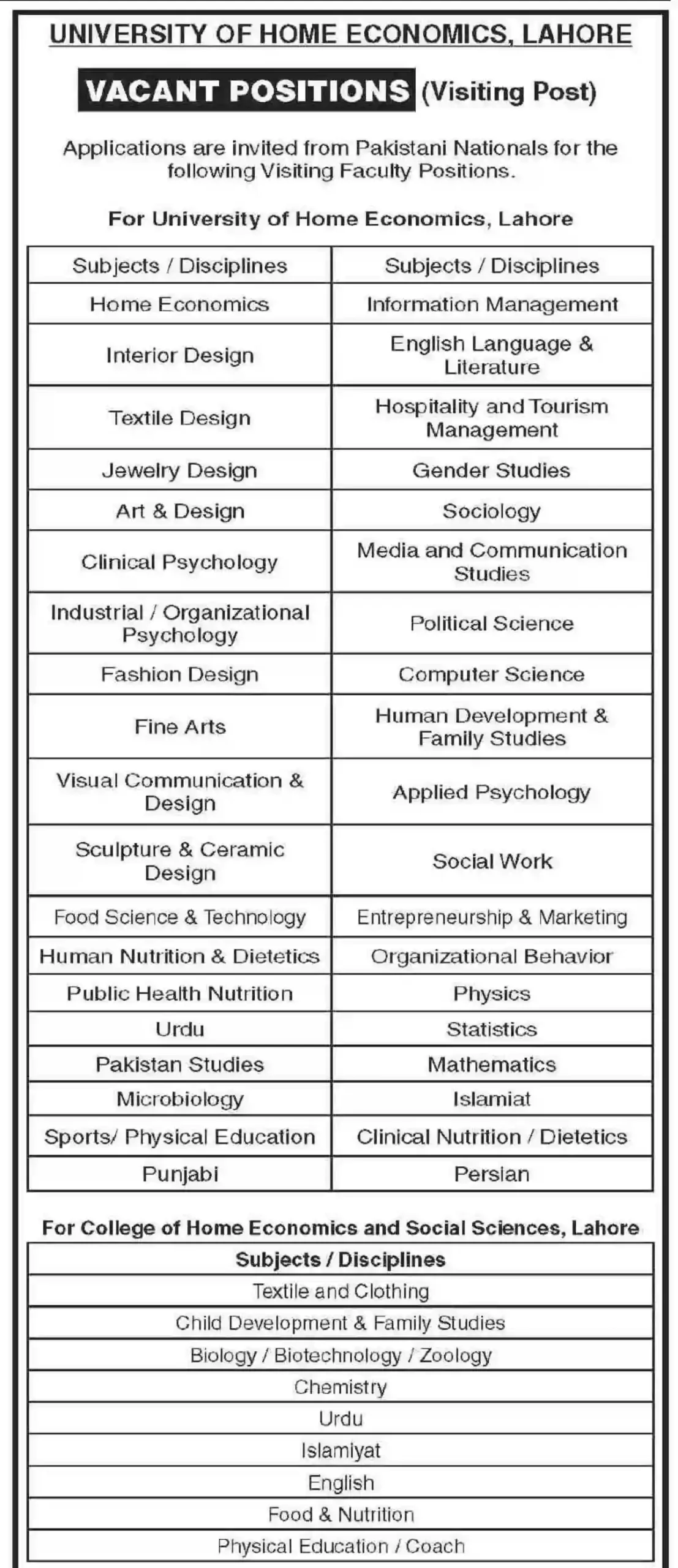 University and College of Home Economics UHE Lahore Teaching Jobs 2023 1