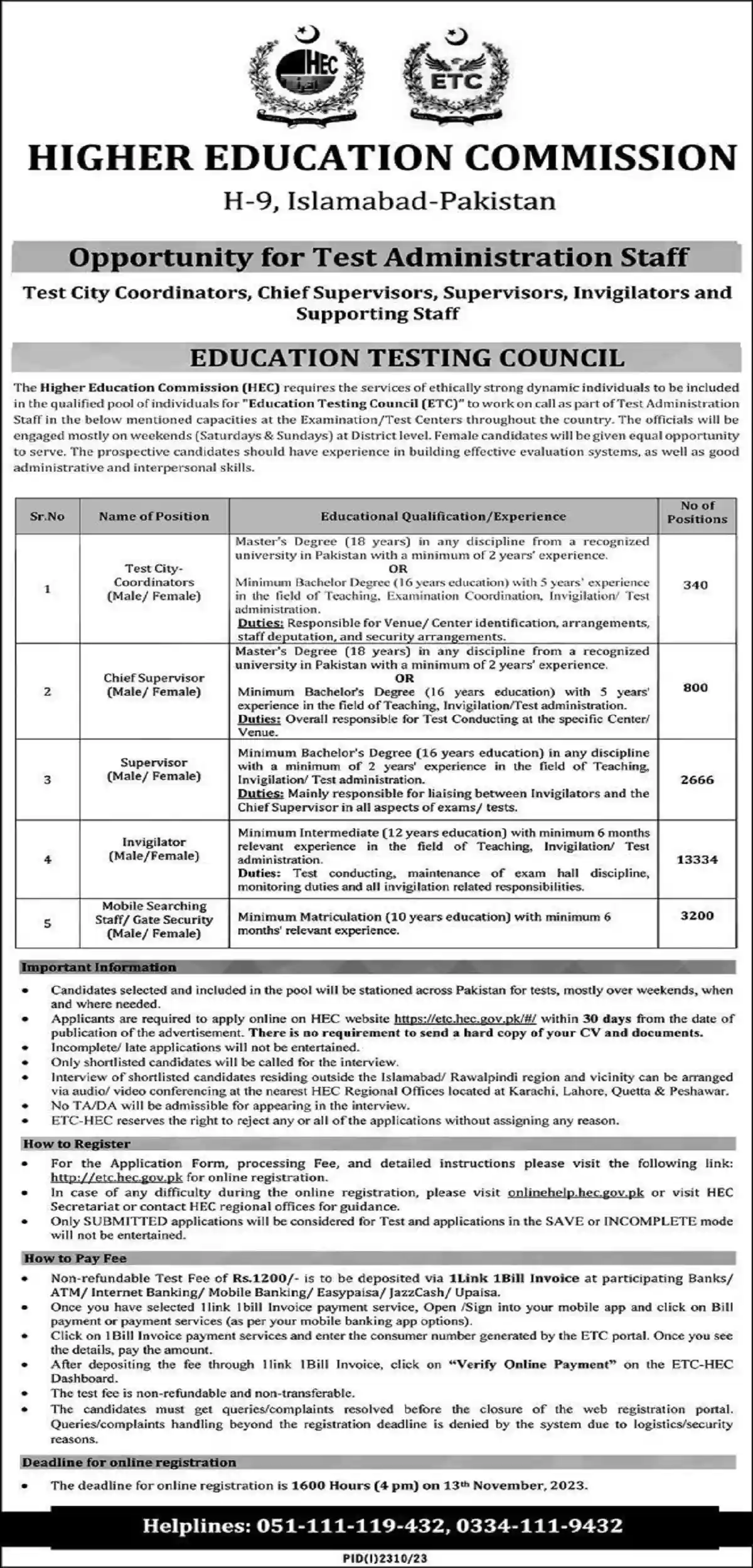 HEC Jobs 2023 ETC Apply Online for Exam Invigilation Staff HEC Jobs 2023 ETC Apply Online for Exam Invigilation Staff