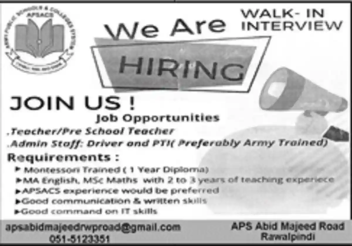 APS Rawalpindi Teaching & Admin Staff Jobs 2023 Walk in Interview APS Rawalpindi Teaching & Admin Staff Jobs 2023 Walk in Interview