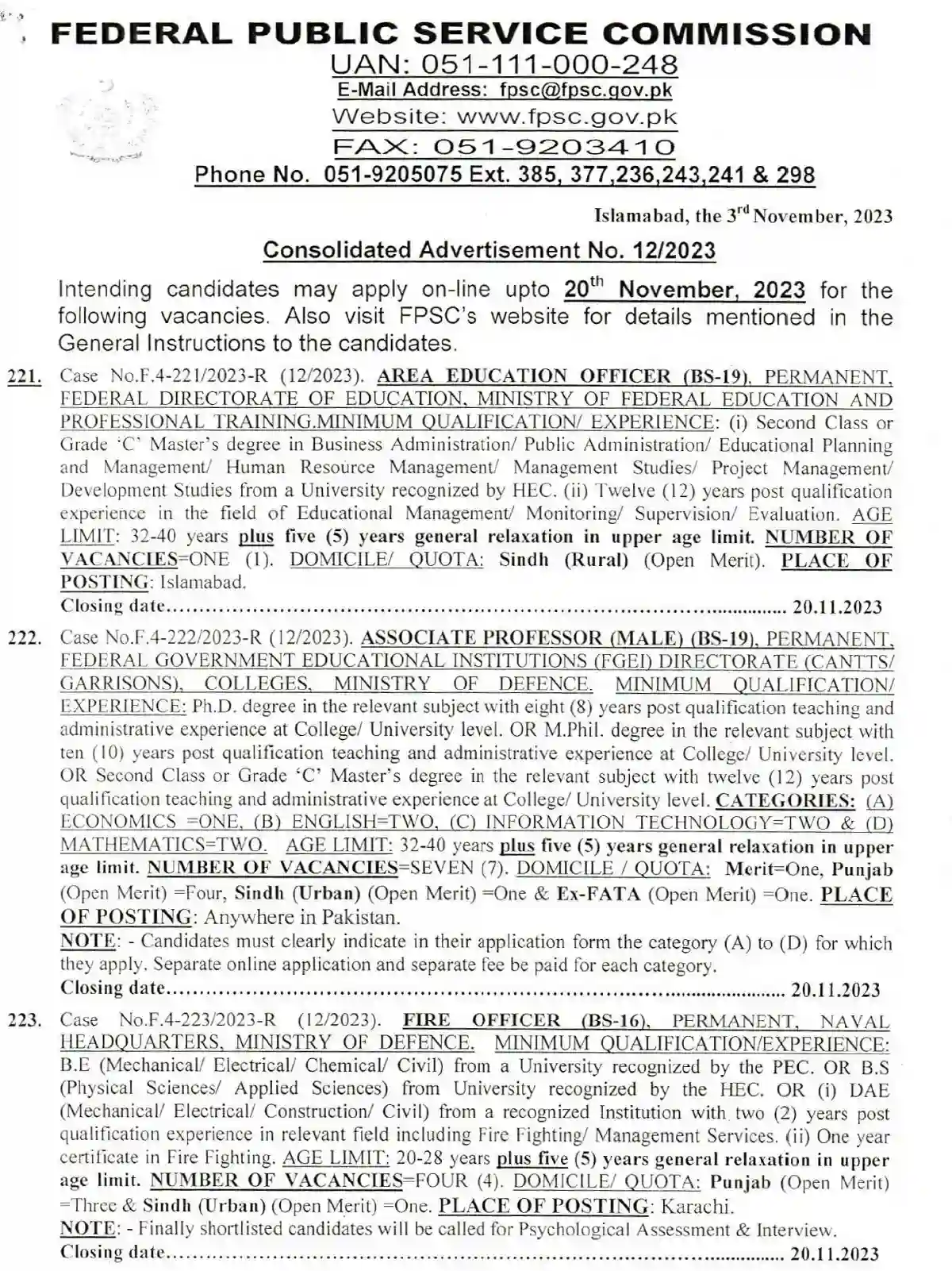 Fpsc Jobs 2023 Consolidated Advertisement No 12/2023 Apply Online Fpsc Jobs 2023 Consolidated Advertisement No 12/2023 Apply Online