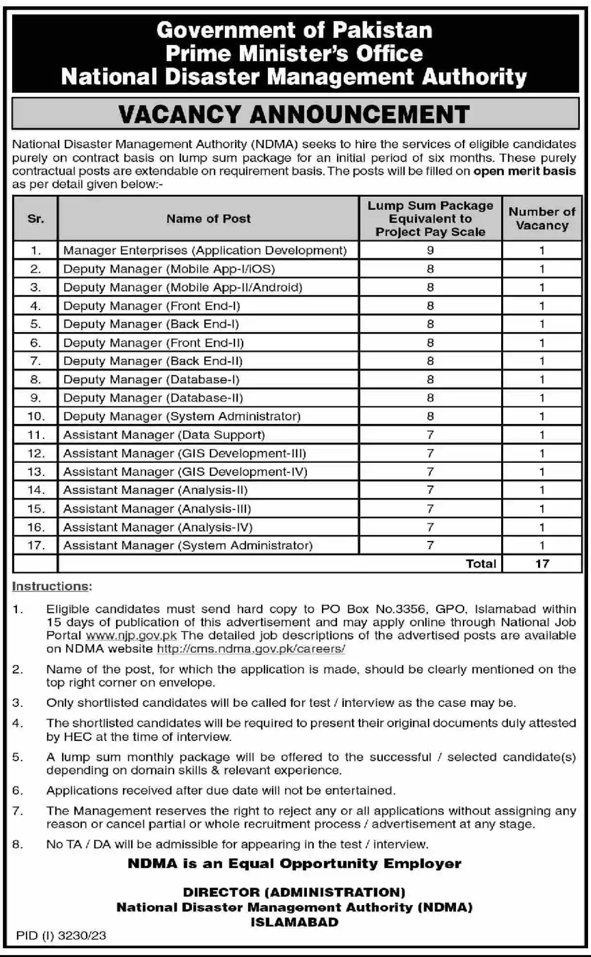 Govt of Pakistan PM Office NDMA Jobs 2023 PO Box 3356 Govt of Pakistan PM Office NDMA Jobs 2023 PO Box 3356