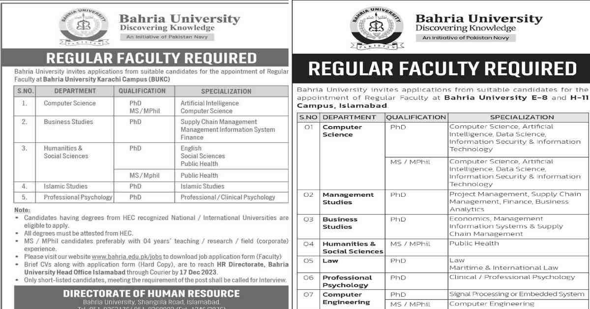 Featured Image Bahria University Faculty Jobs 2023 Islamabad And Karachi Permanent Faculty Required