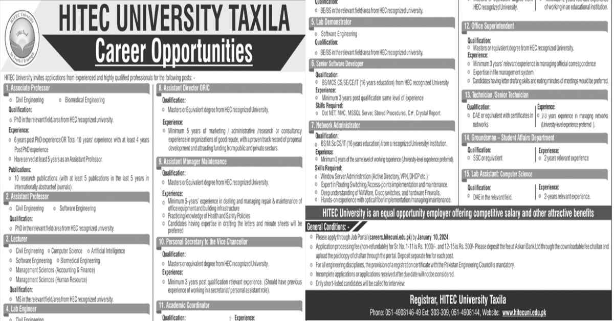 HITEC University Taxila Jobs 2024 Apply Online - Filectory