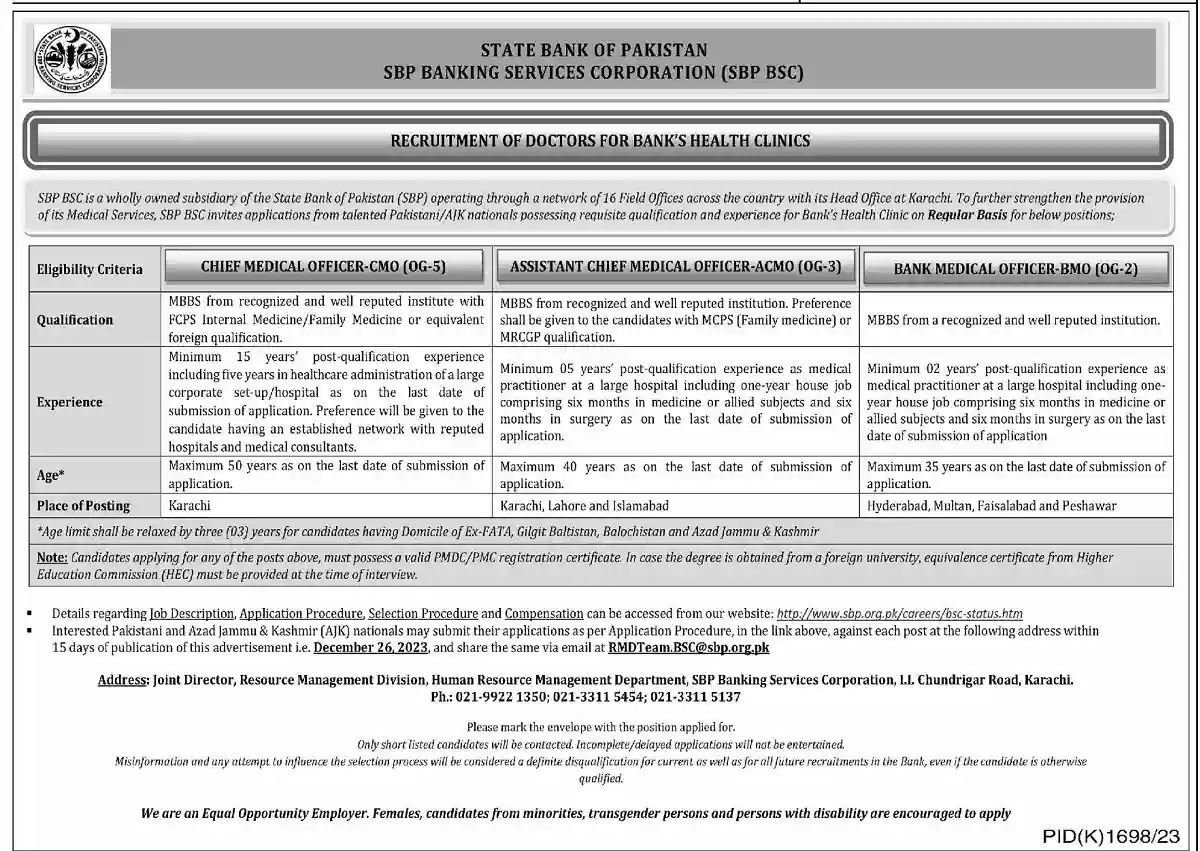 State Bank of Pakistan SBP Doctor Jobs 2023 Bank Health Clinics State Bank of Pakistan SBP Doctor Jobs 2023 Bank Health Clinics