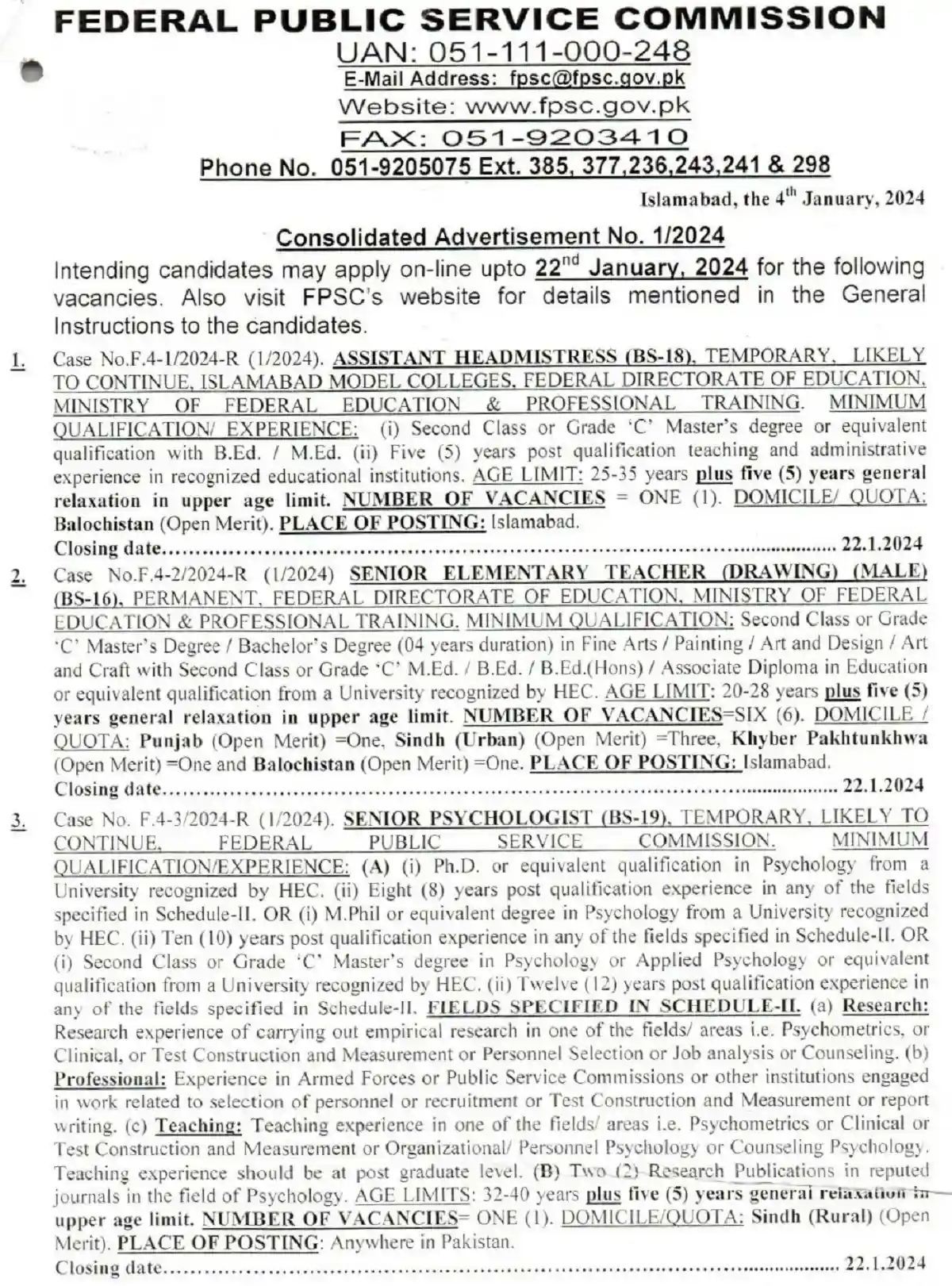 FPSC Jobs 2024 Consolidated Advertisement No 1/2024 Apply Online FPSC Jobs 2024 Consolidated Advertisement No 1/2024 Apply Online