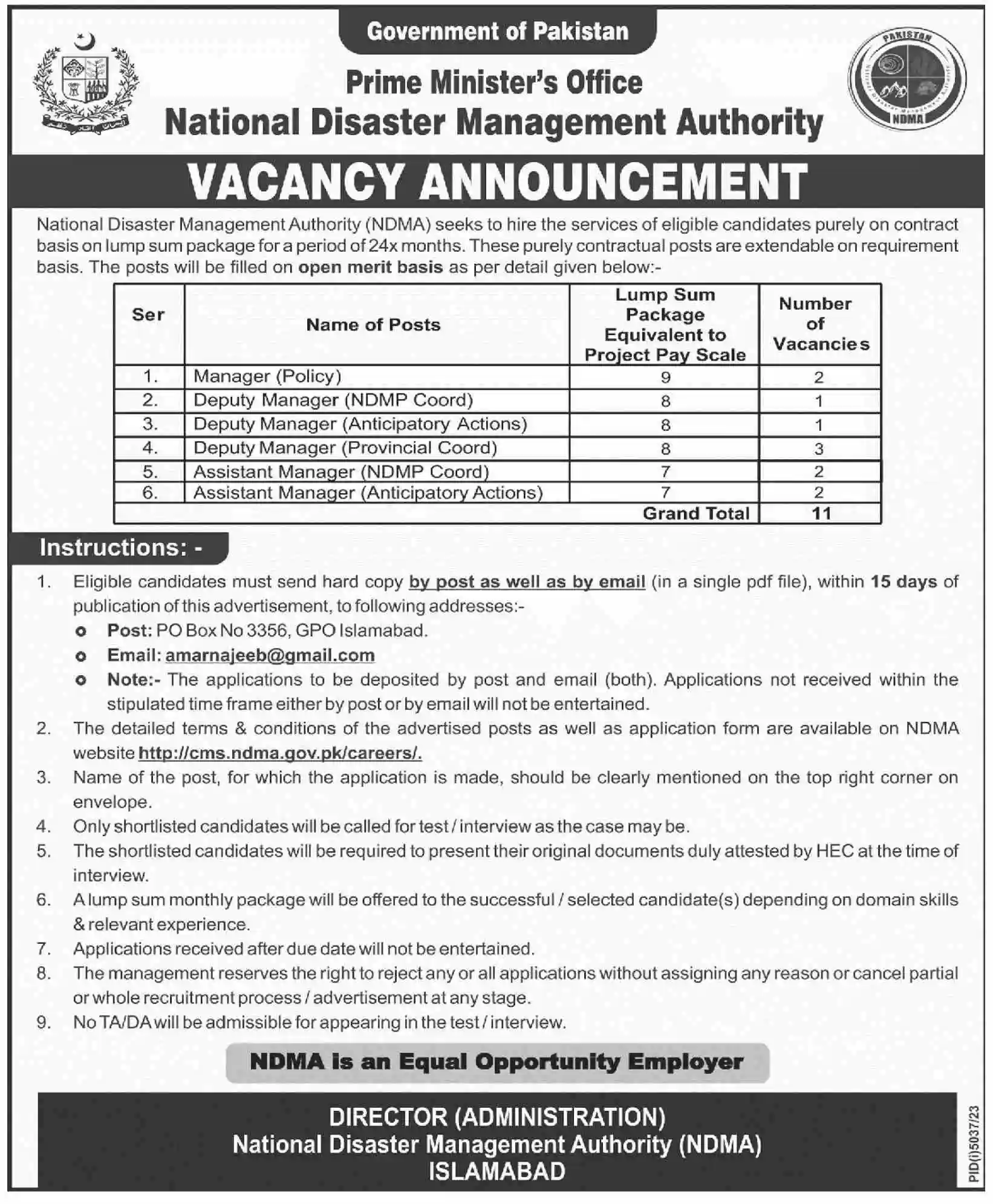 National Disaster Management Authority Ndma Job Openings 2024