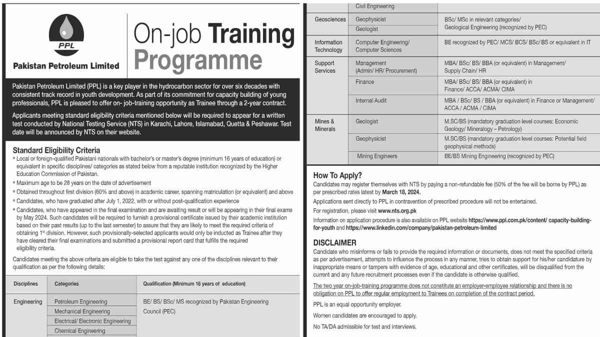 Featured Image Pakistan Petroleum Limited PPL On Job Training Programme 2024 NTS