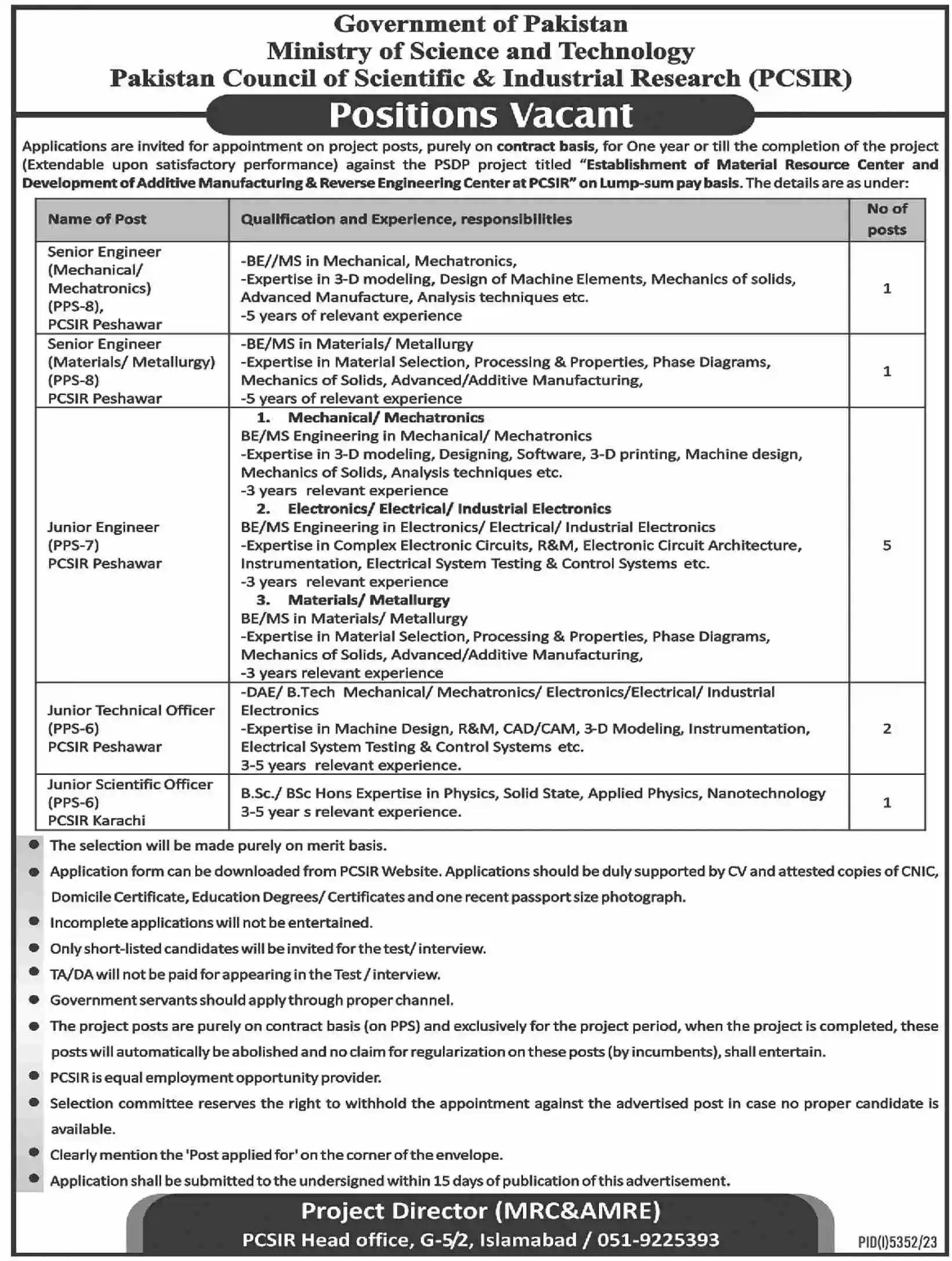 Pakistan Council of Scientific and Industrial Research PCSIR Jobs 2024 Peshawar and Karachi