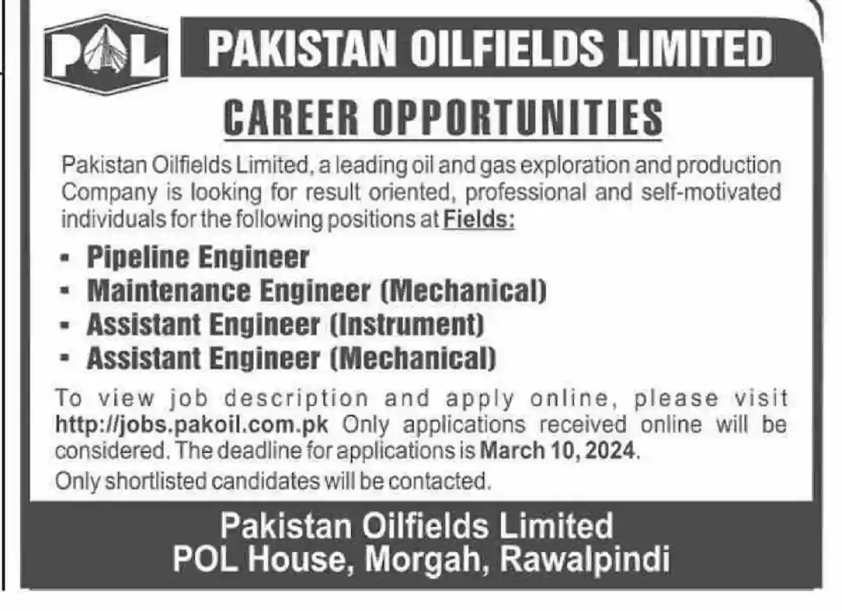 Pakistan Oilfields Limited POL Jobs March 2024 for Engineers - Filectory